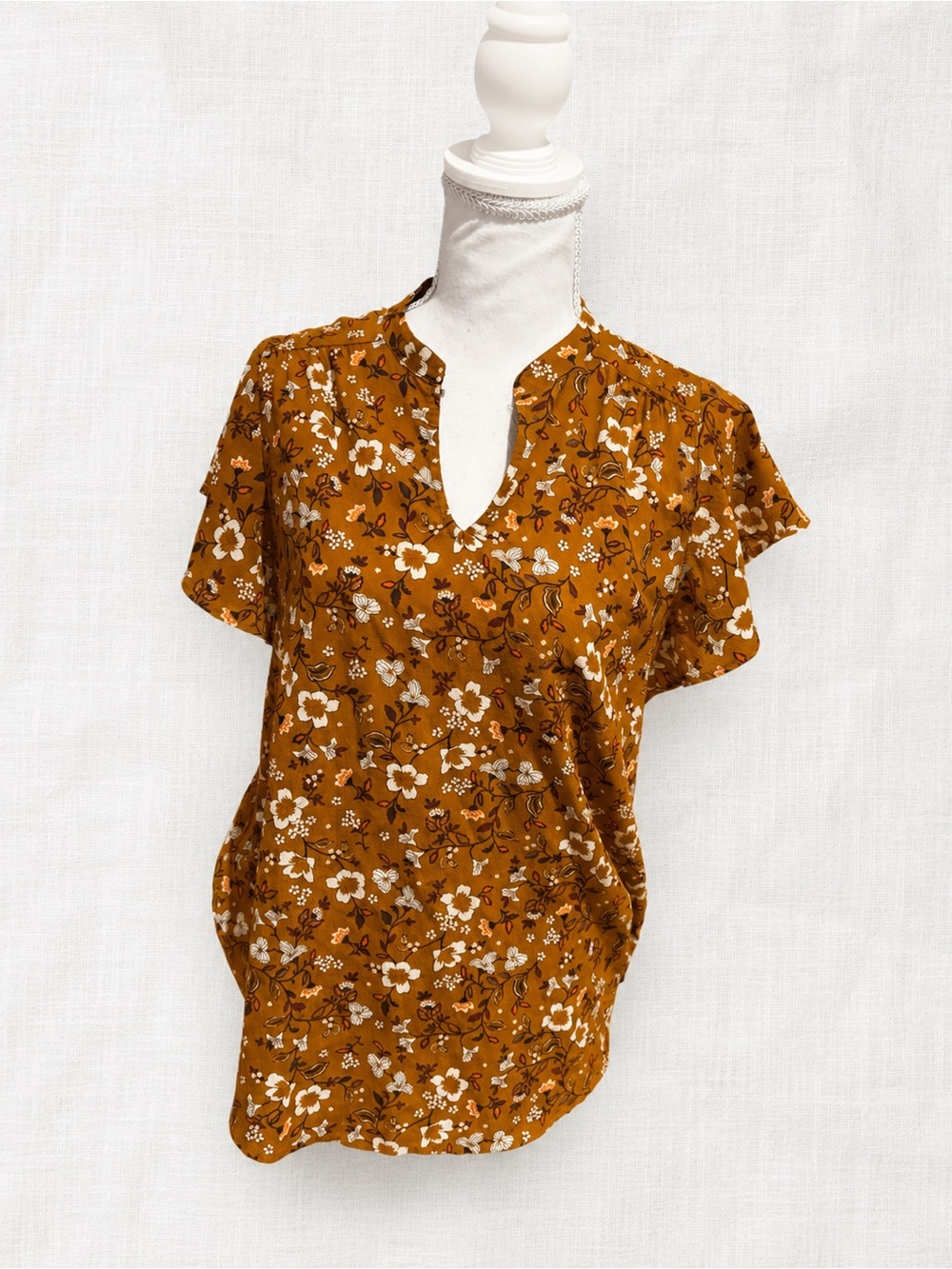 Denver Hayes Mustard Floral Split-Neck Blouse